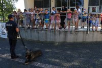 Na kolorowym zdjęciu widać młodzież zgromadzoną przed kinem w Sokółce i stojącego naprzeciwko nich przewodnika psa służbowego z psem.