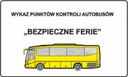 Grafika z napisem &quot;Bezpieczne ferie&quot; oraz obrazkiem - żółty autobus.
