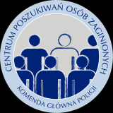 Logo w kształcie koła, koloru niebieskiego z anonimowymi postaciami - Centrum Poszukiwań Osób Zaginionych - Komenda Główna Policji