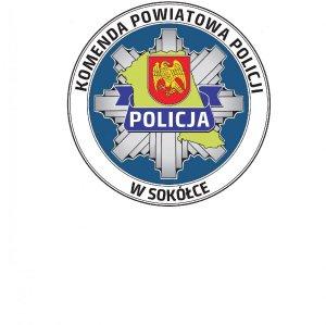 Logo - na górze napis Komenda Powiatowa Policji, na dole w Sokółce. W środku herb powiatu Sokólskiego.