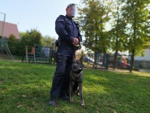 policjant stoi, obok niego siedzi policyjny pies służbowy