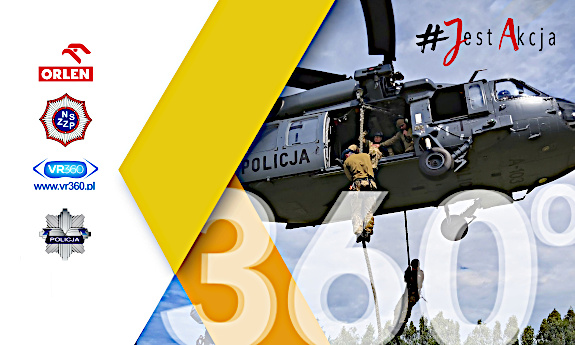 helikopter na dole napis 360 stopni, po lewej stronie logo Orlenu, NSZZP, VR360, Policji