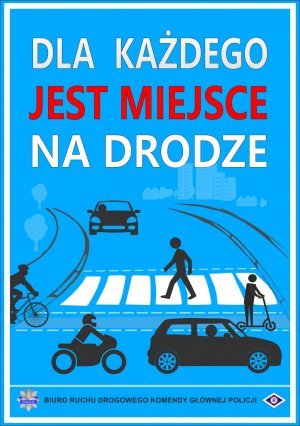 postacie pieszych przechodzących przez jezdnię, rowerzystów, różnych pojazdów na niebieskim tle napis dla każdego jest miejsce na drodze