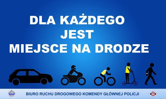 Biały napis na niebieskim tle niechronieni uczestnicy ruchu drogowego pod nim samochód, motocykl, rowerzysta, hulajnoga, pieszy