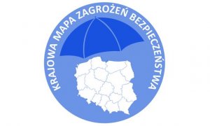 biała mapa Polski nad nią napis Krajowa Mapa Zagrożeń Bezpieczeństwa i granatowy parasol