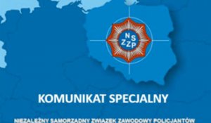 mapa polski na niebieskim tle w środku logo niezależnego związku zawodowego policjantów pod nim napis komunikat specjalny