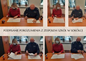 kolaż zdjęć na każdym kobieta i policjant podpisujący dokumenty na środku napis podpisanie porozumienia z zespołem szkół w Sokółce