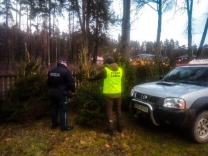 policjant i strażnik leśny stoją przed choinką