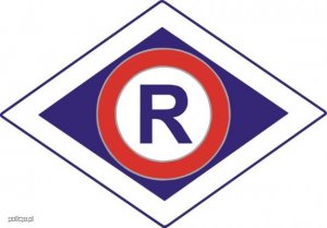 logo wydziały ruchu drogowego w czerwonej obręczy na białym tle wszystko na niebieskim tle