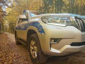 Radiowóz na leśnej drodze.