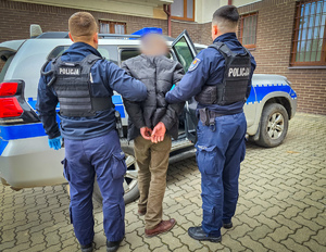Policjanci trzymają mężczyznę w kajdankach pod ramię, przed nimi radiowóz.
