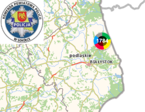 Mapa województwa podlaskiego, na niej logo Komendy Powiatowej Policji w Sokółce i liczba 1784 ukazująca liczbę zgłoszeń.