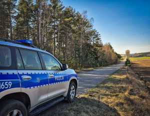 Radiowóz w oddali las.