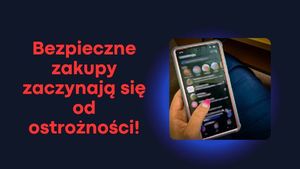 Telefon i napis czerwony Bezpieczne zakupy zaczynają się od ostrożności!