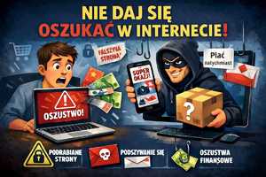 Napis nie daj się oszukać w internecie!
Rysunek przedstawia mężczyznę za monitorem laptopa, obok mężczyzna z zasłoniętymi oczami w kapturze z paczką w ręku.