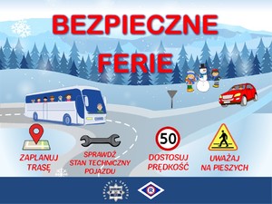 Bezpieczne ferie pod napisem autobus i samochód