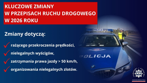 Radiowóz i napis kluczowe zmiany w przepisach ruchu drogowego w 2026 roku