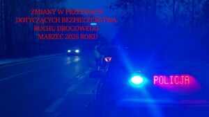 Napis Zmiany w przepisach dotyczących bezpieczeństwa ruchu drogowego marzec 2026 roku. Radiowóz i światła z napisem policja