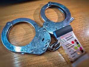 Kajdanki i tester do badania substancji na biurku.